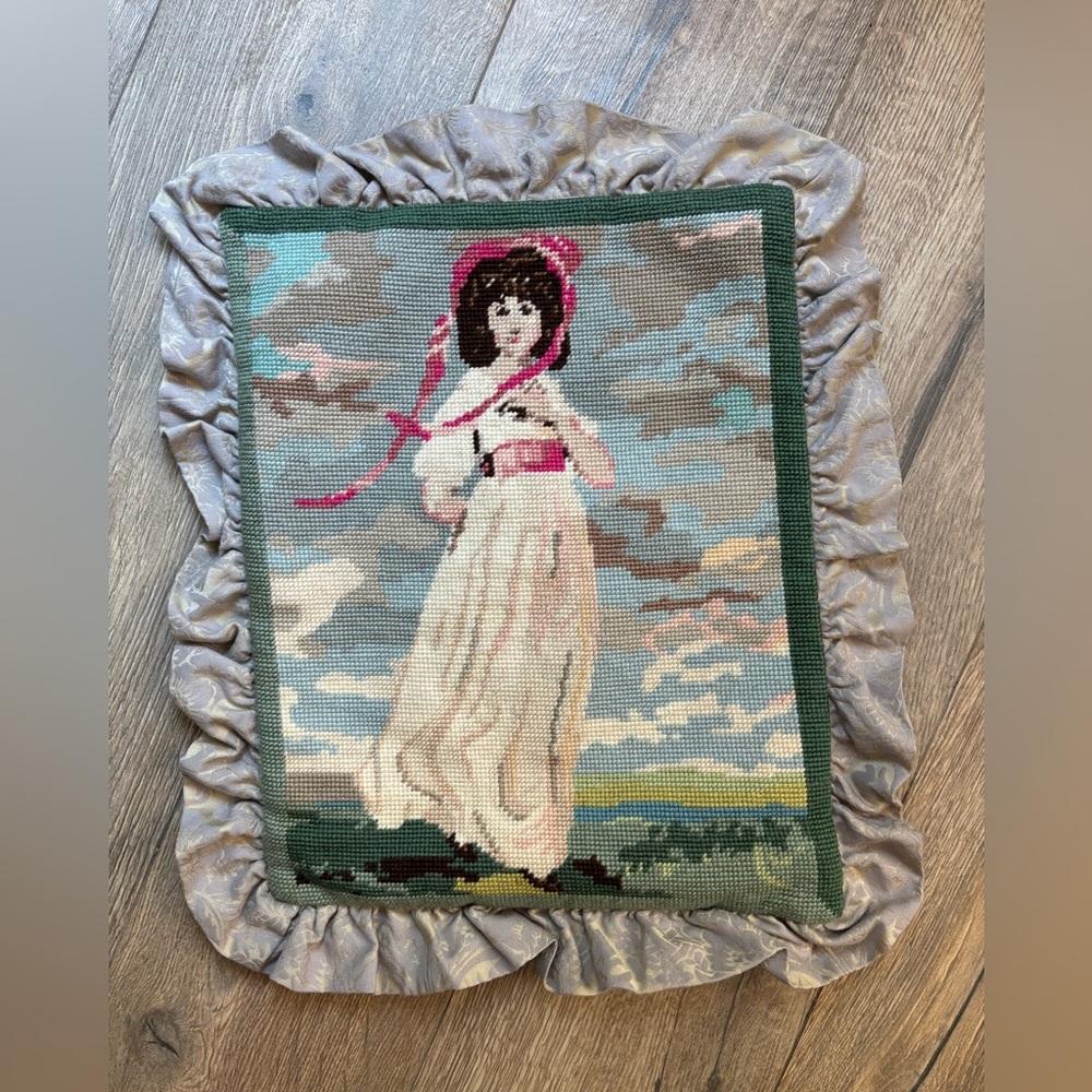Custom Wool Needlepoint Pillow Cover Sham Grandma Cottagecore Ruffle Trim 20x16”